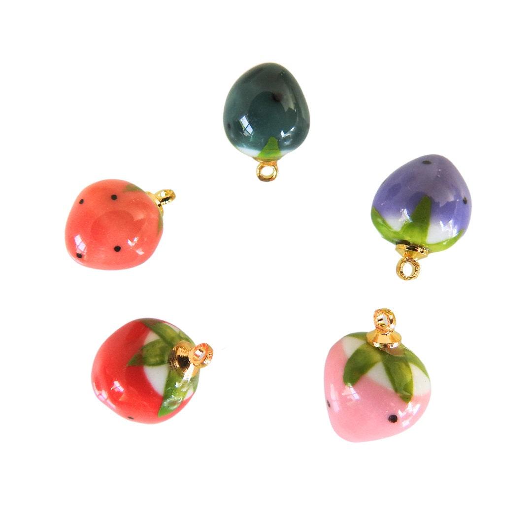 Cute strawberry charms for a bracelet, a necklace, and earrings. Ceramic beads for jewelry making. Cute clay charms. Lot of 5, 15 mm