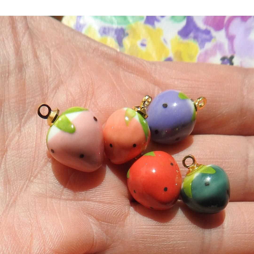 Cute strawberry charms for a bracelet, a necklace, and earrings. Ceramic beads for jewelry making. Cute clay charms. Lot of 5, 15 mm