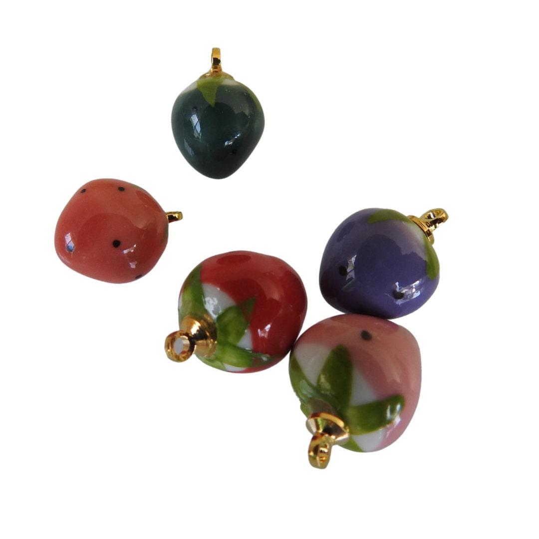 Cute strawberry charms for a bracelet, a necklace, and earrings. Ceramic beads for jewelry making. Cute clay charms. Lot of 5, 15 mm