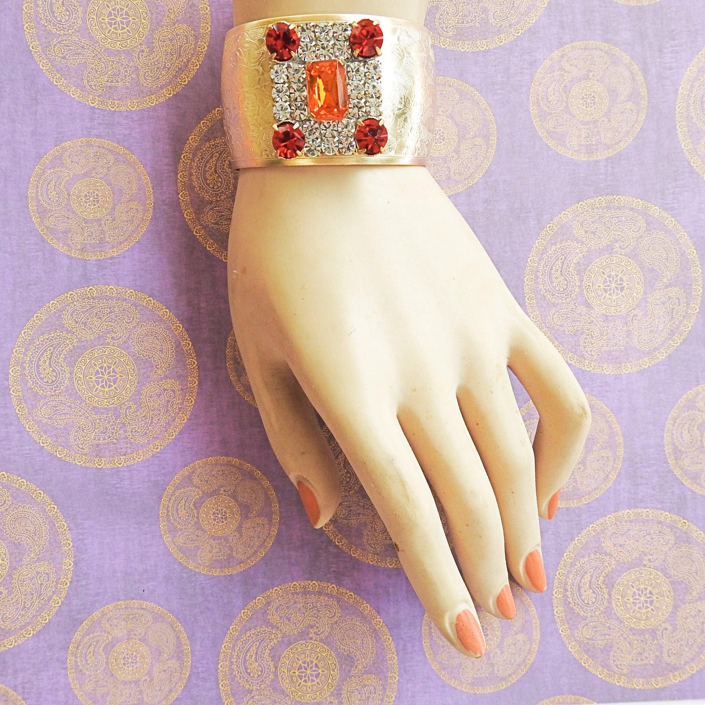 Crystal wide gold bracelet for ladies, made from a large sparkly orange geometric sparkly Czech glass button, anthro inspired bangle jewelry