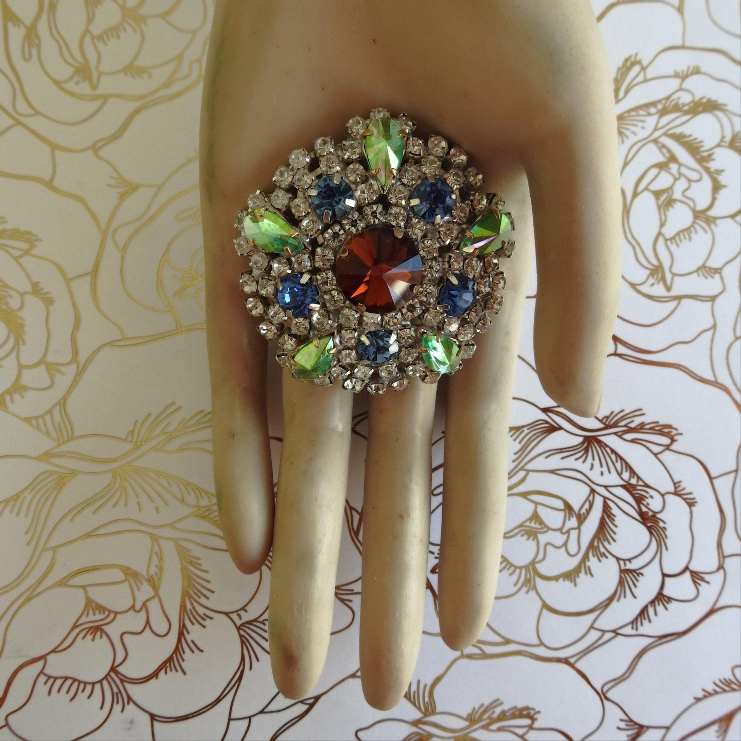 Czech glass brooch vintage, multicolored rhinestone brooch, grandmother costume jewelry gifts for her, unique gift for wife, grandma brooch