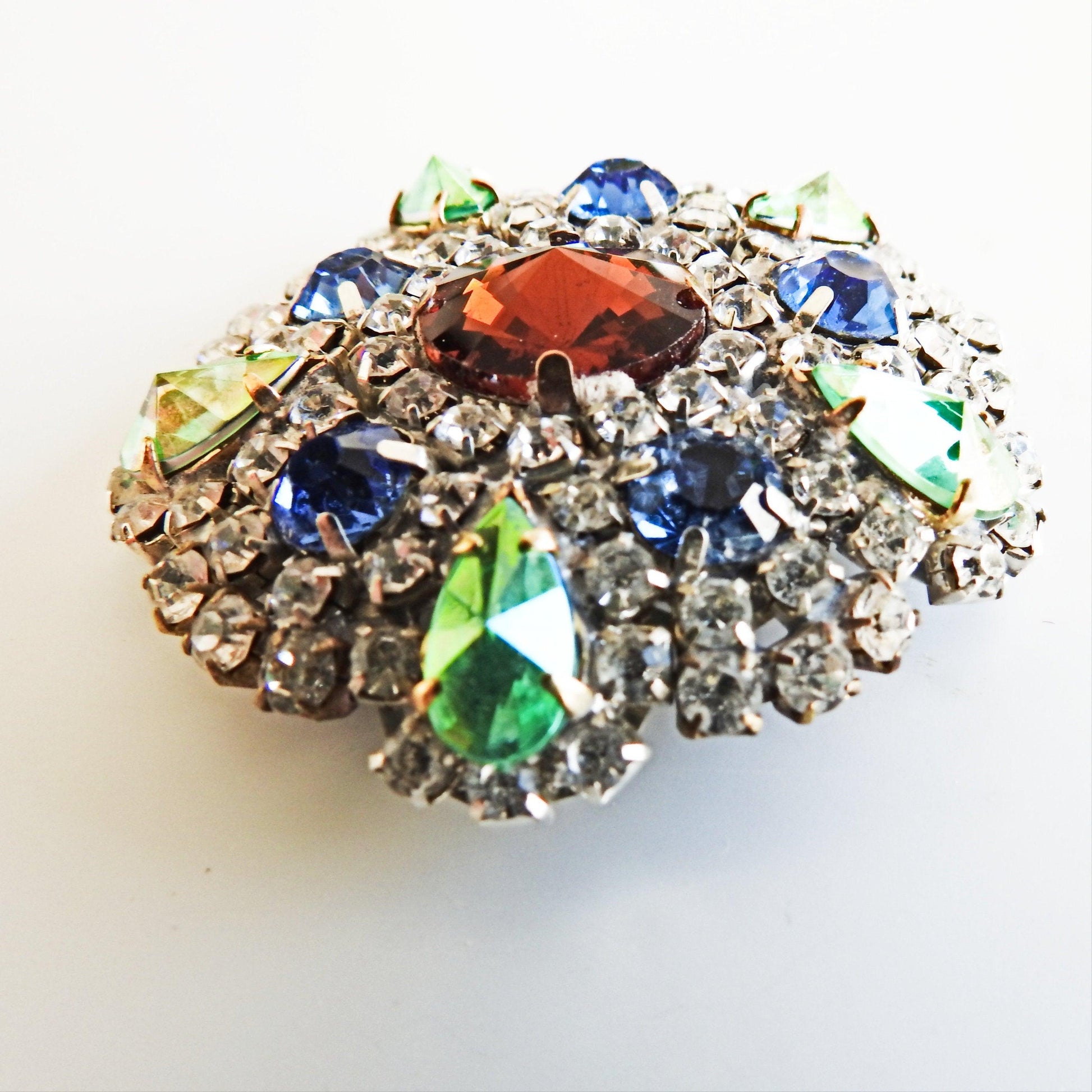 Czech glass brooch vintage, multicolored rhinestone brooch, grandmother costume jewelry gifts for her, unique gift for wife, grandma brooch