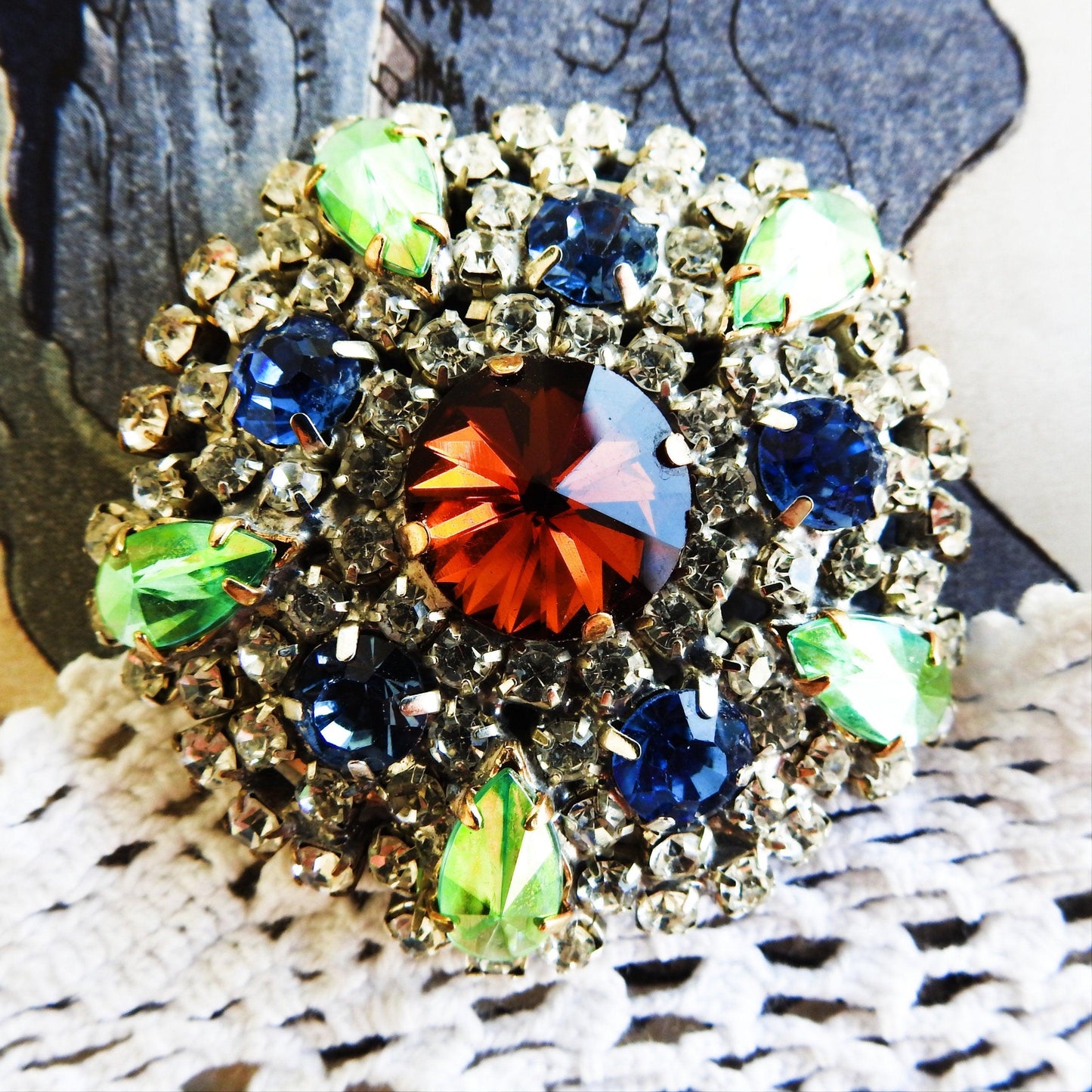 Czech glass brooch vintage, multicolored rhinestone brooch, grandmother costume jewelry gifts for her, unique gift for wife, grandma brooch