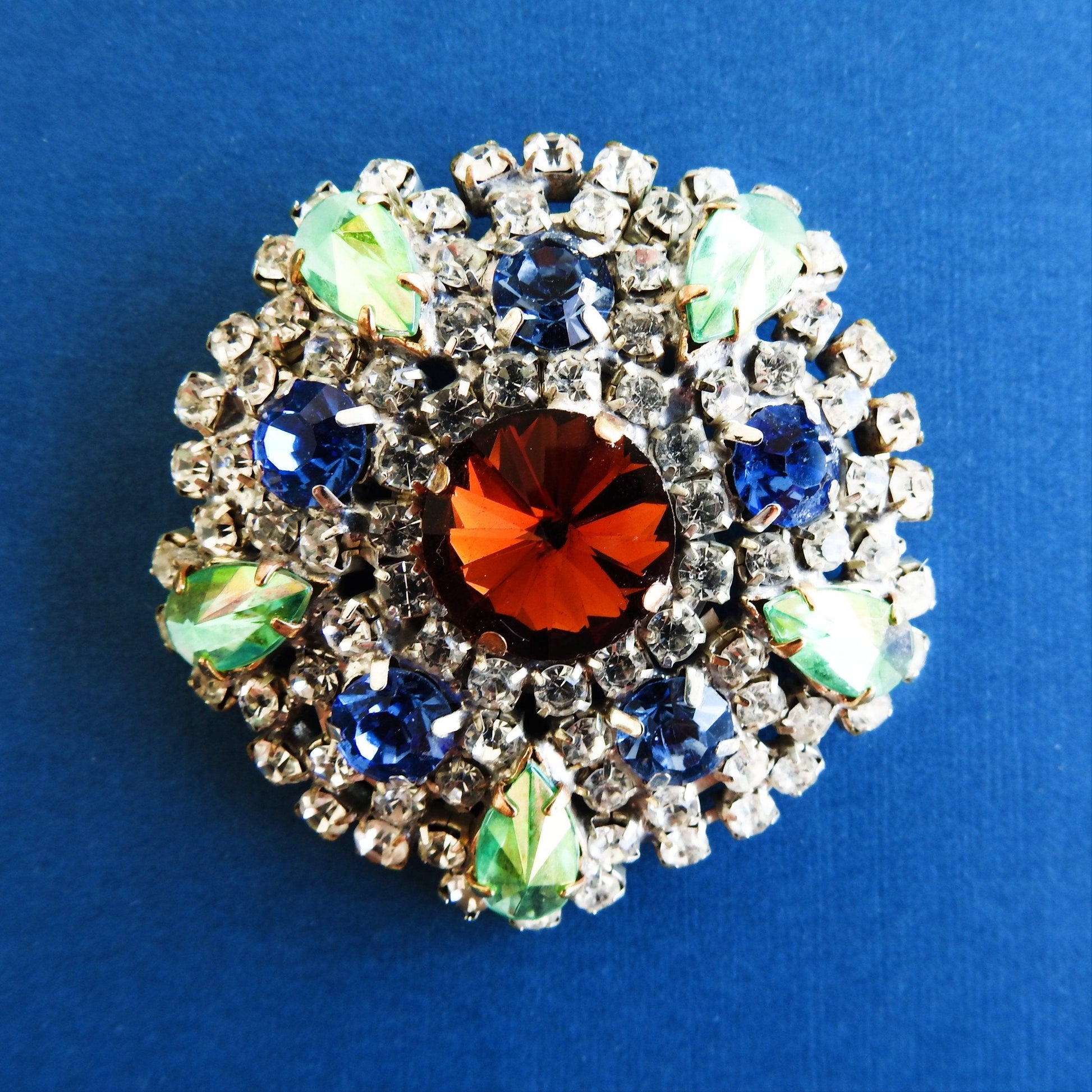 Czech glass brooch vintage, multicolored rhinestone brooch, grandmother costume jewelry gifts for her, unique gift for wife, grandma brooch