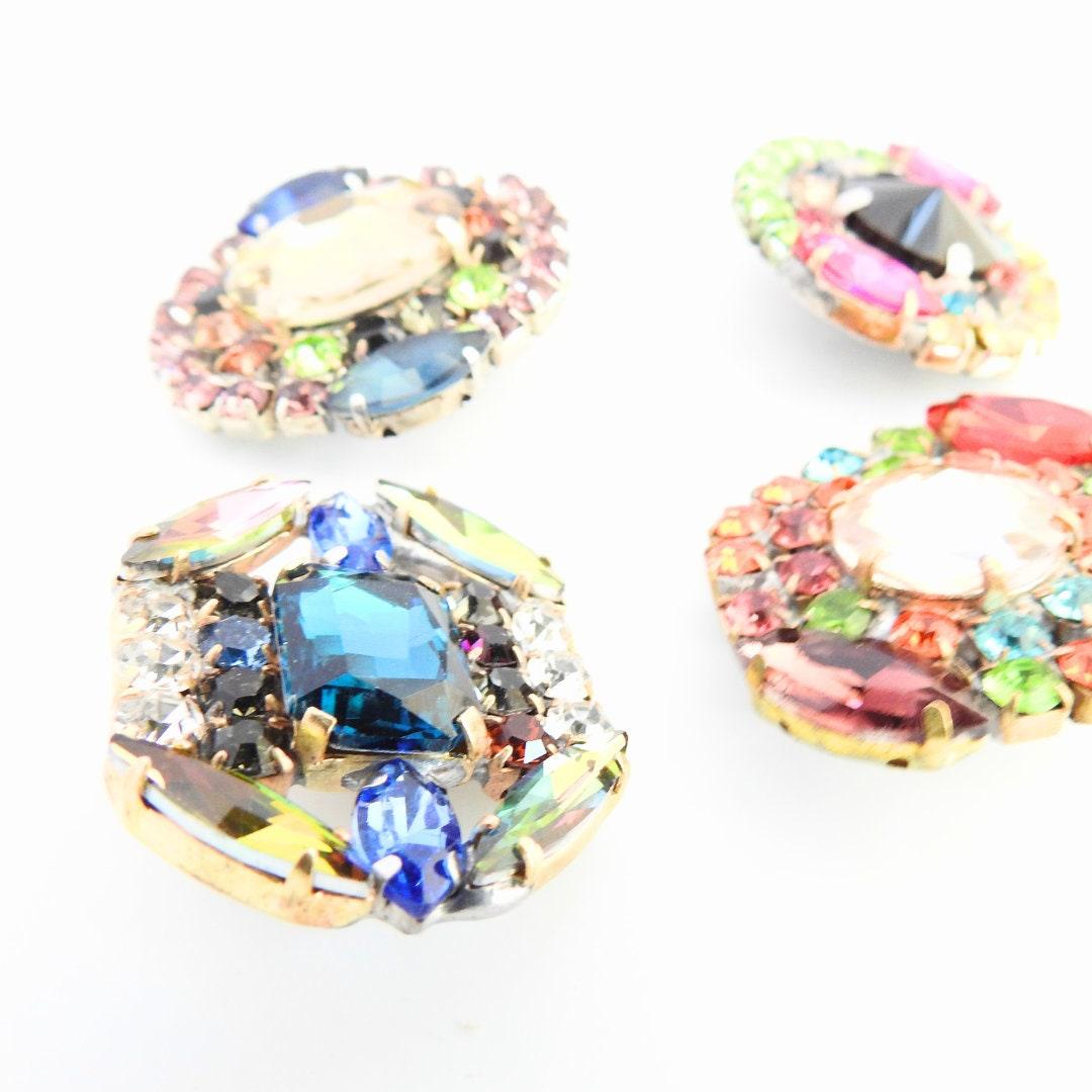 Sparkling Czech Glass Crystal Rhinestone Buttons - Lot of 4, 30mm with Shank. Sew on for Evening Gown, Fancy Coat, Clutch, Hat, Belt, Blazer