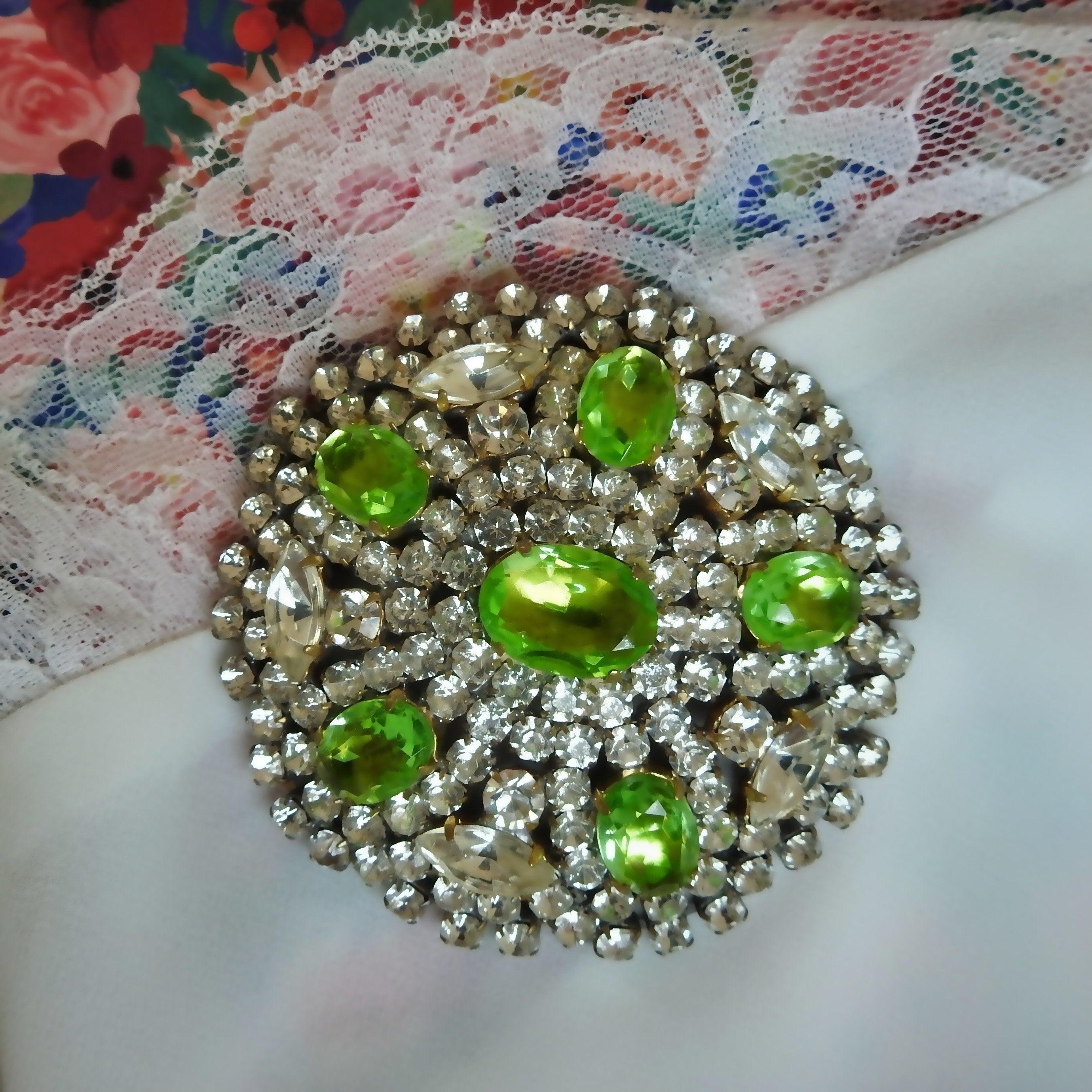 Vintage Unique Green and Clear Rhinestone Brooch Pin with Gold