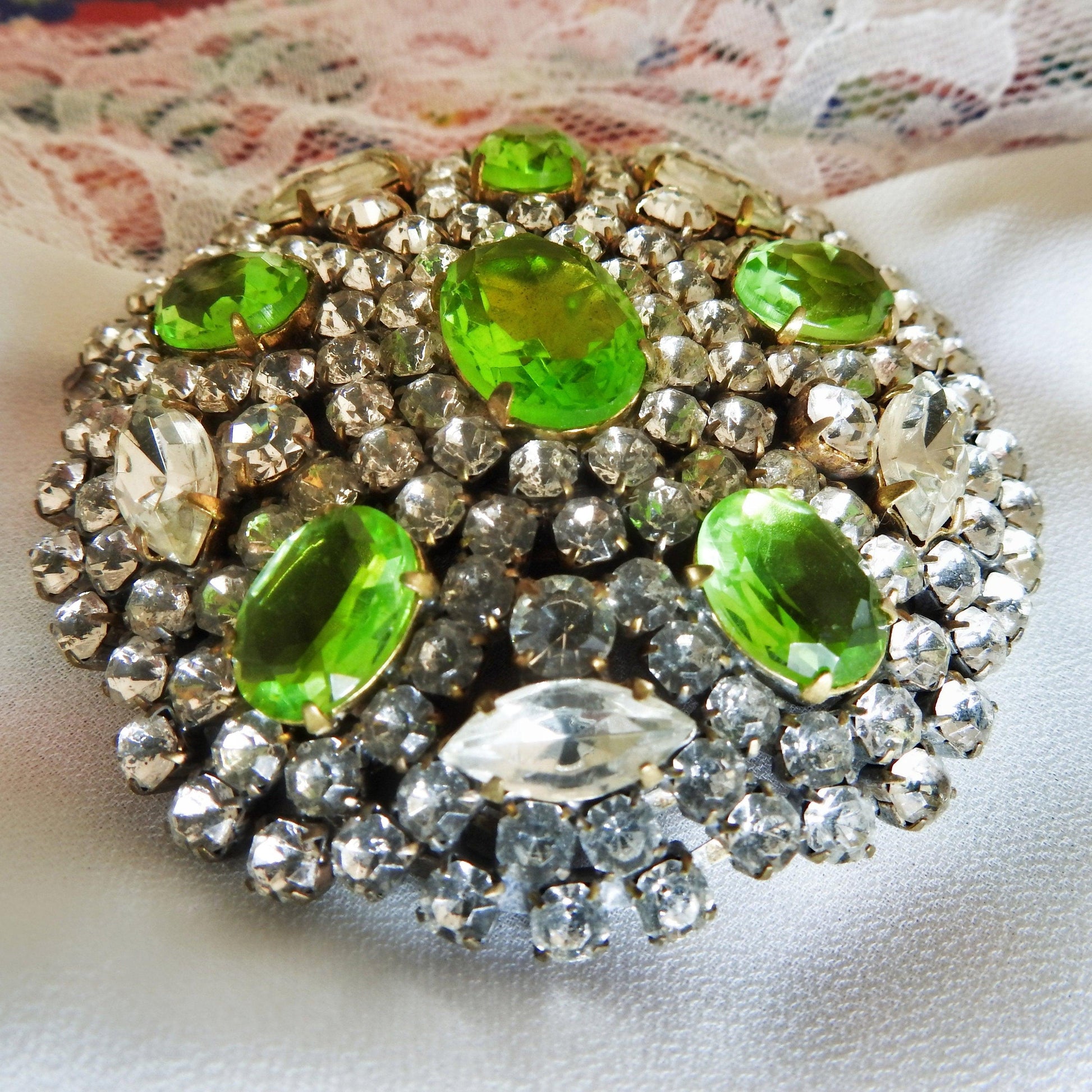 Elegant Austrian crystal brooch pin, retro green brooch, jewelry gift for her from husband, unique broach costume jewelry, gift for wife