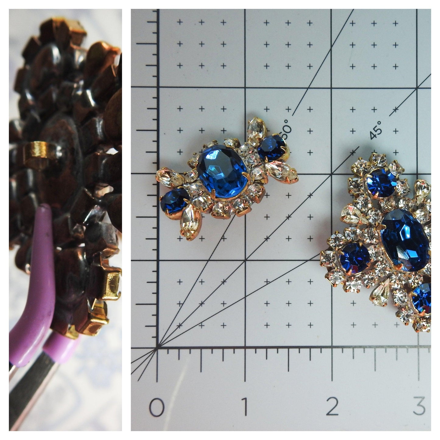 Button with blue glass rhinestones