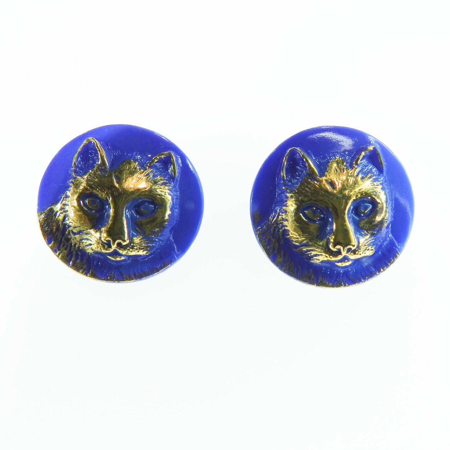 Glass buttons with cat for jewelry making, art project or embellish a tote, blue vintage style gift for cat lover | 20 mm, 0.787”, lot of 2