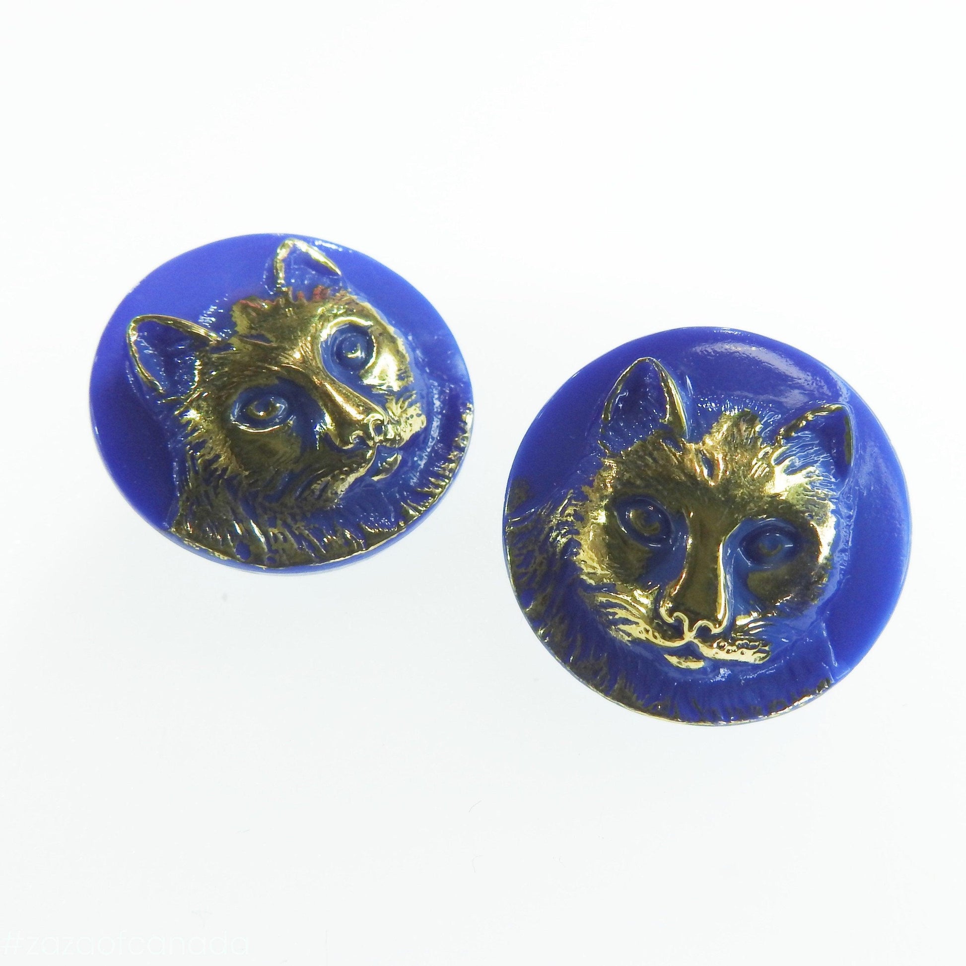 Glass buttons with cat for jewelry making, art project or embellish a tote, blue vintage style gift for cat lover | 20 mm, 0.787”, lot of 2