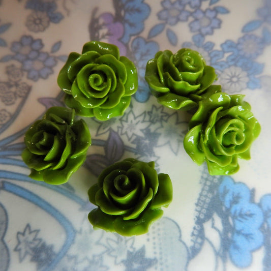 Fancy flower buttons with shank for sewing, button earrings and bracelets. Green colored rose shaped resin buttons for decorating bouquet