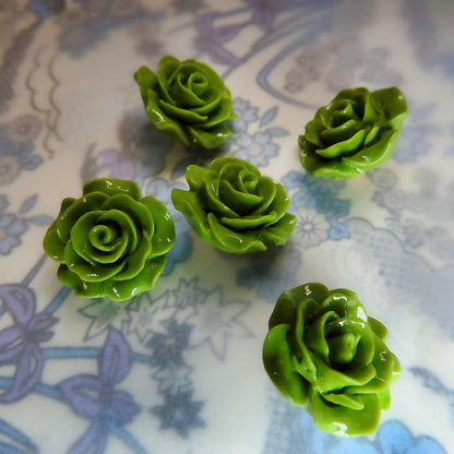 Fancy flower buttons with shank for sewing, button earrings and bracelets. Green colored rose shaped resin buttons for decorating bouquet