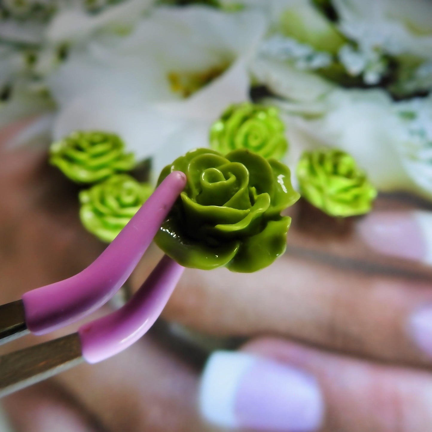 Fancy flower buttons with shank for sewing, button earrings and bracelets. Green colored rose shaped resin buttons for decorating bouquet