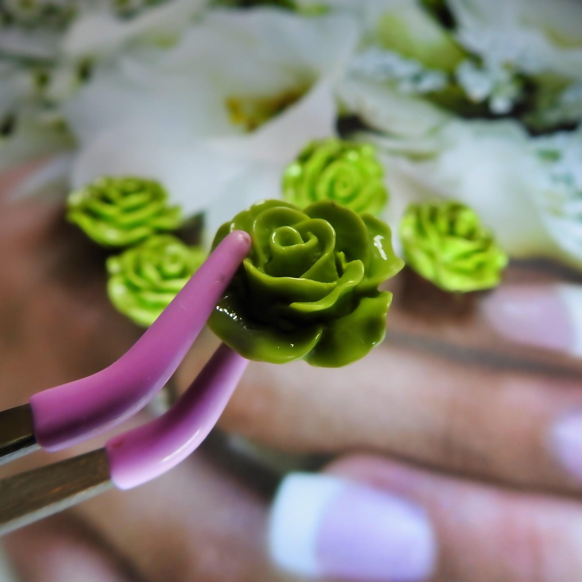 Fancy flower buttons with shank for sewing, button earrings and bracelets. Green colored rose shaped resin buttons for decorating bouquet