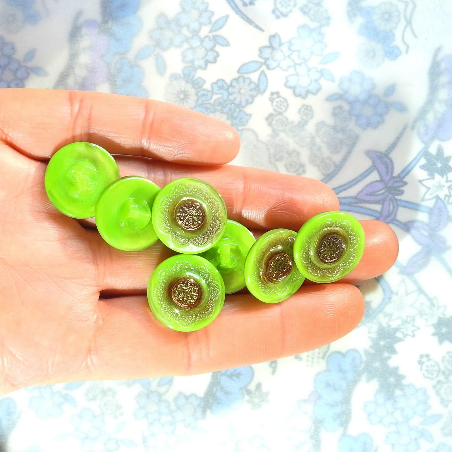 Assorted vintage buttons for shirts and dresses. Made from green Czech glass. For hand-stitching, dressmaking, shirtmaking, and upcycling