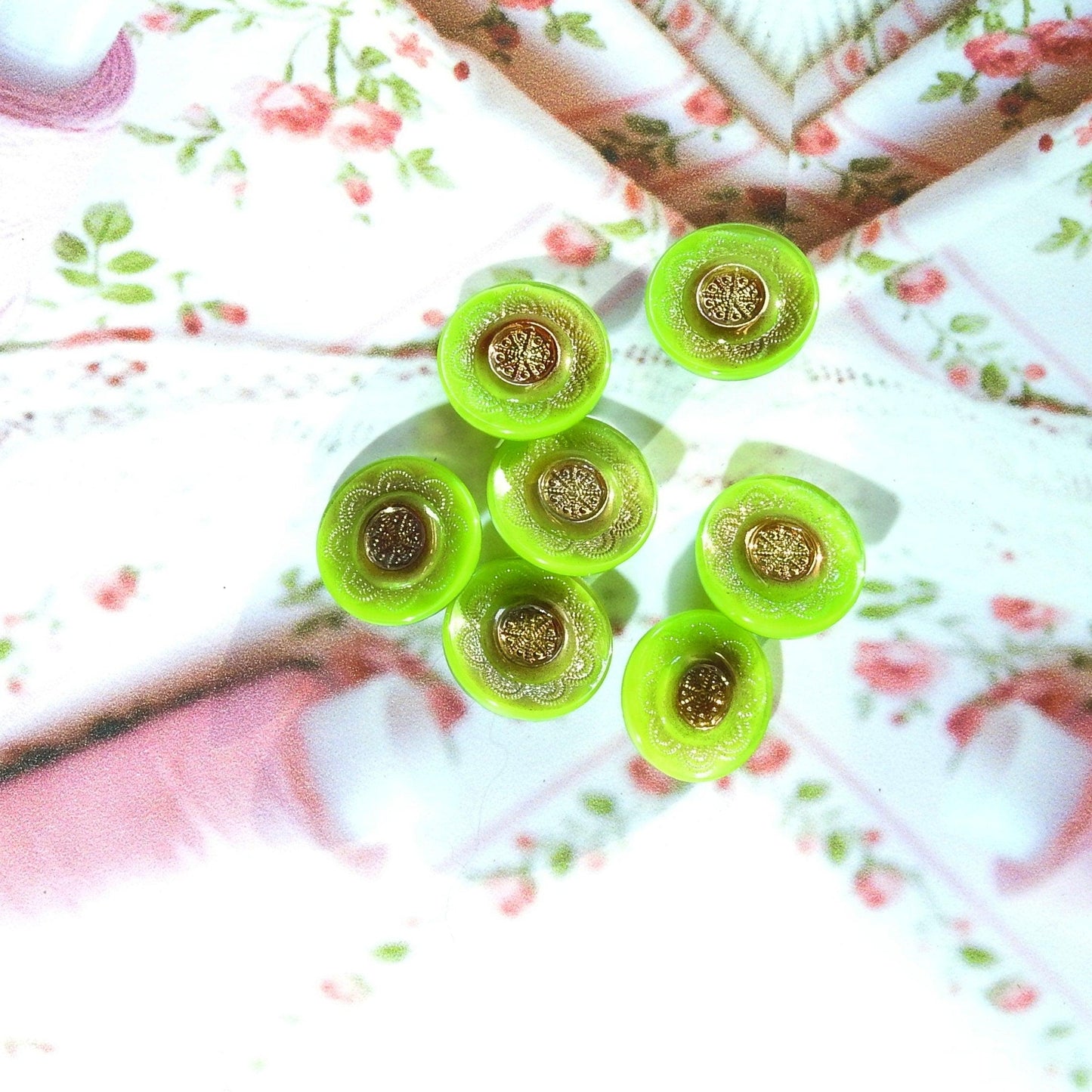 Assorted vintage buttons for shirts and dresses. Made from green Czech glass. For hand-stitching, dressmaking, shirtmaking, and upcycling