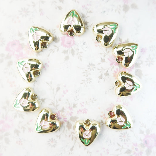 10 Heart shaped charms for bracelet, necklace, earrings, with a pink tulip flower on them. Cute jewelry-making supplies for pendants