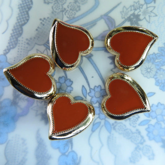 Vintage style metallic buttons heart made from enameled orange painted metal and shank back, assorted lot of 5, for craft, sewing, jewelry