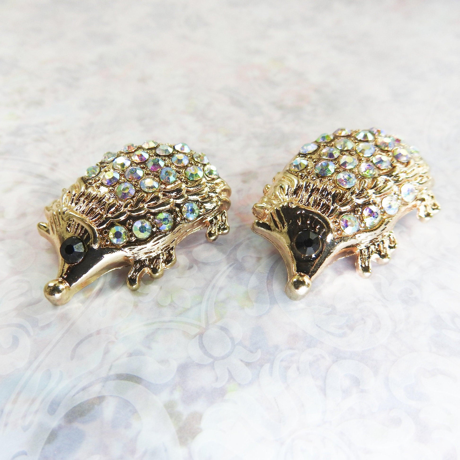 Hedgehog snap buttons with crystals aurora borealis for women's tuxedo rhinestone embellishments or bling shoe clips for sneakers, Lot of 2