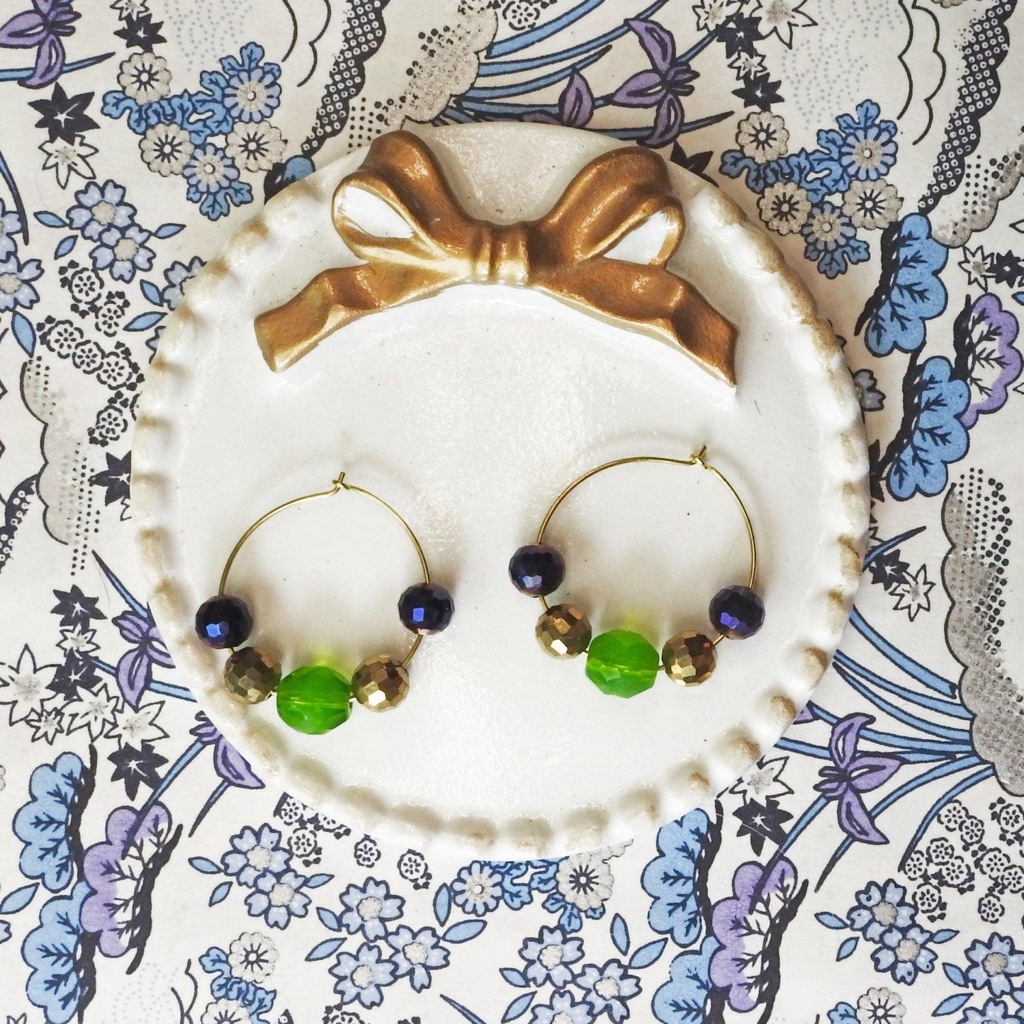 Cute colorful beaded hoop earrings, purple, green, and gold, with colored faceted beads. Pretty circle dangle earrings, handmade, 30 mm.