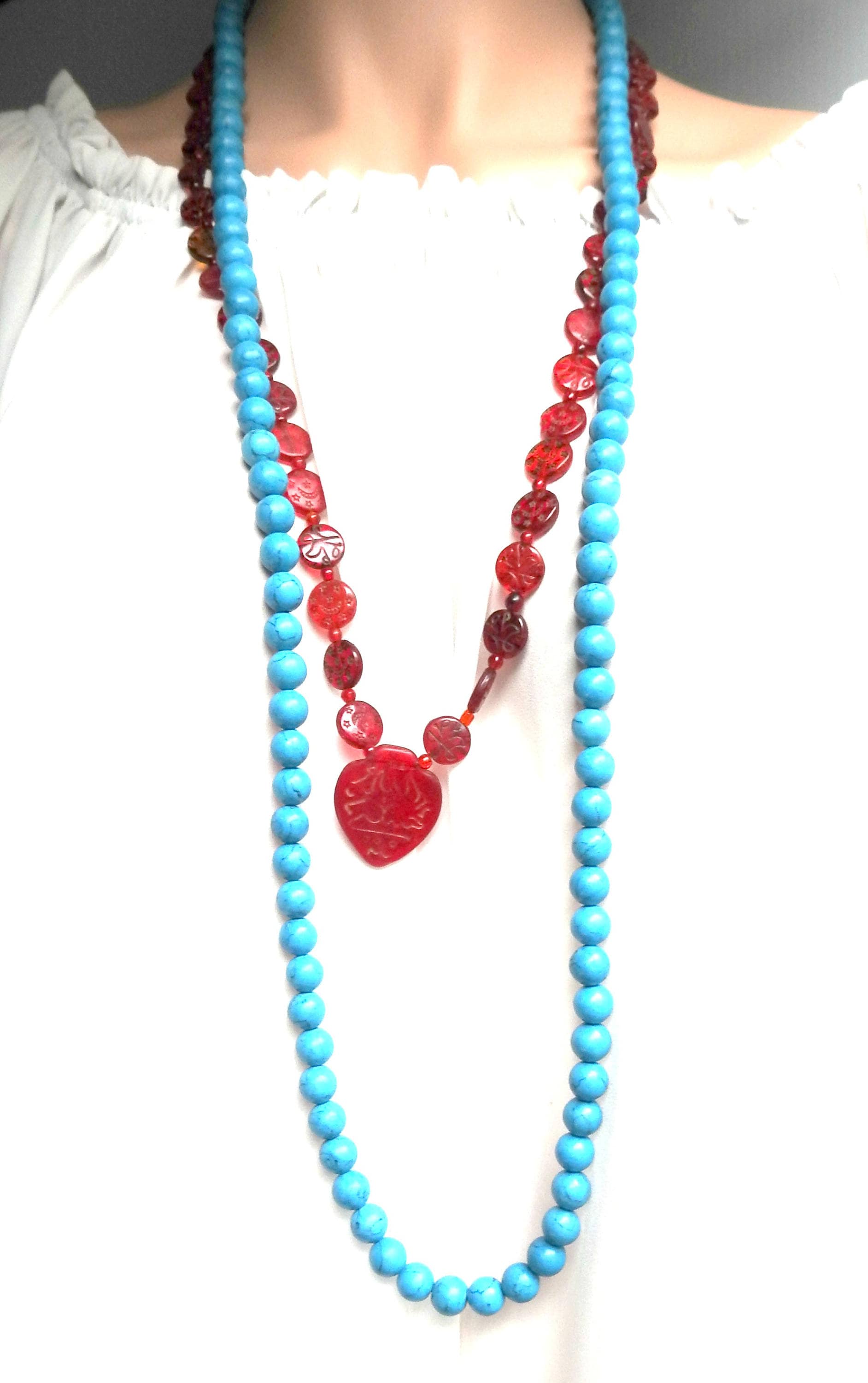 Bohemian Style Beaded Necklaces for Women - Set of 2 (Turquoise Blue and Garnet Red) - Boho-chic Accessories - Gift for women