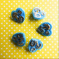 Lot of 5 heart buttons with shank, with four-leaf clover and horseshoe on them, blue mushroom buttons for novelty jewelry making and sewing