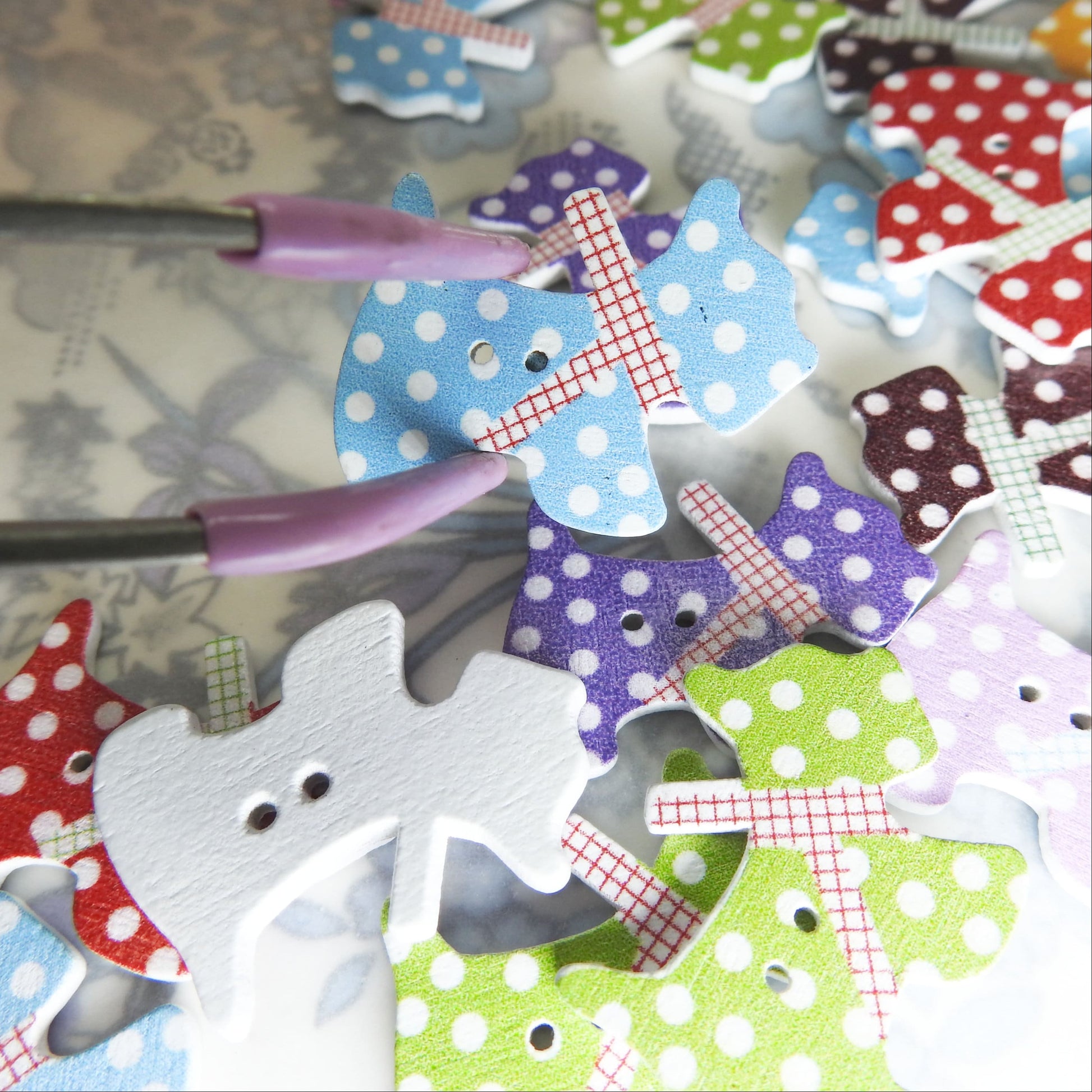 Dog-Shaped Novelty Buttons for sewing. Painted wood buttons for colorful crafting projects. Decorative Wooden embellishment lot of 30