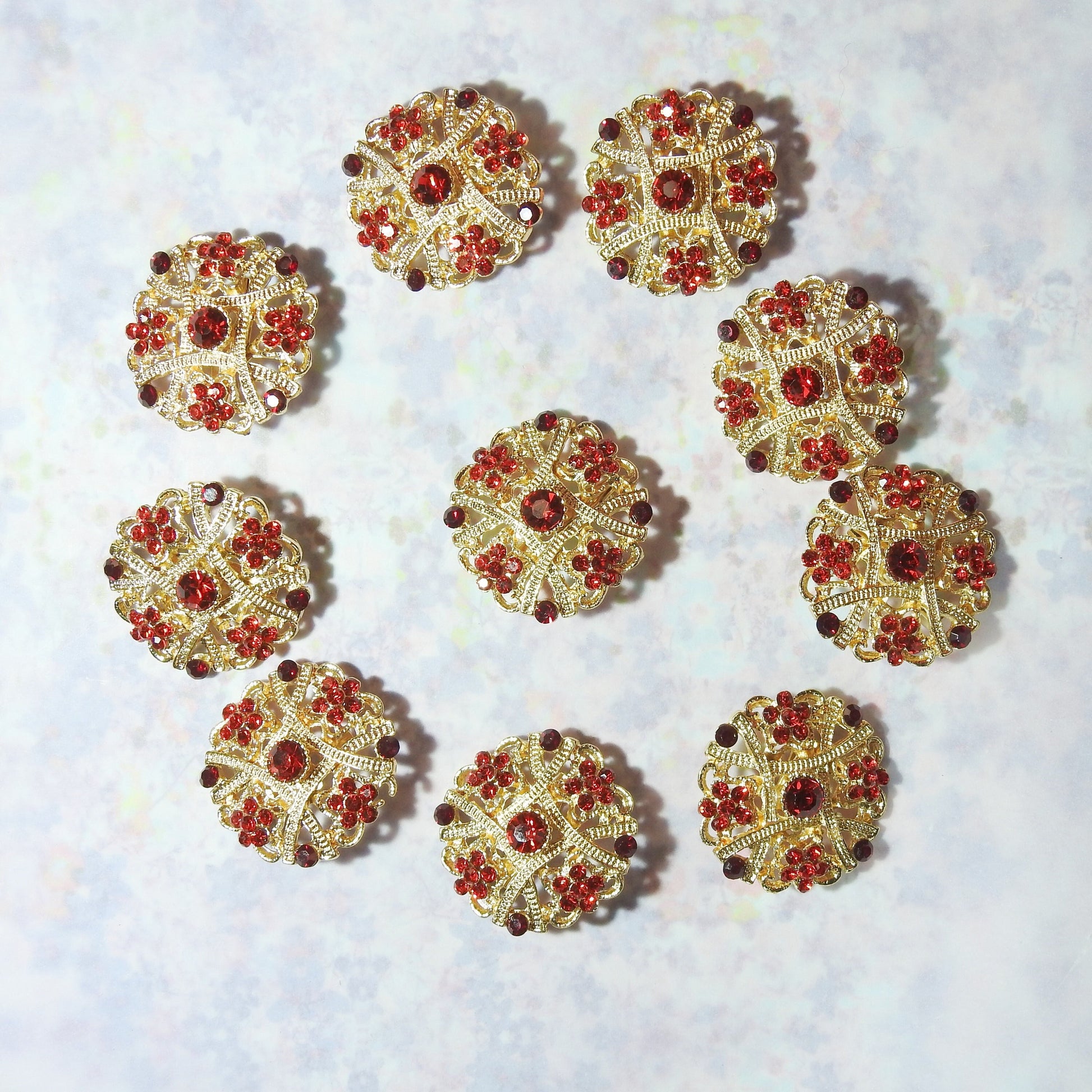 Lovely Set of 10 Red and Gold Brooches