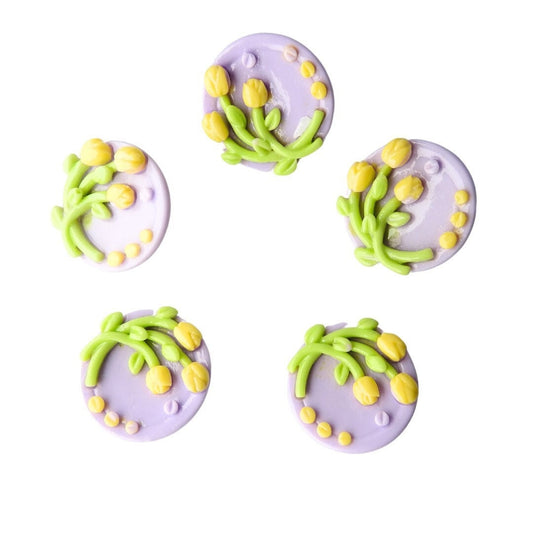 Purple buttons with yellow tulips flowers