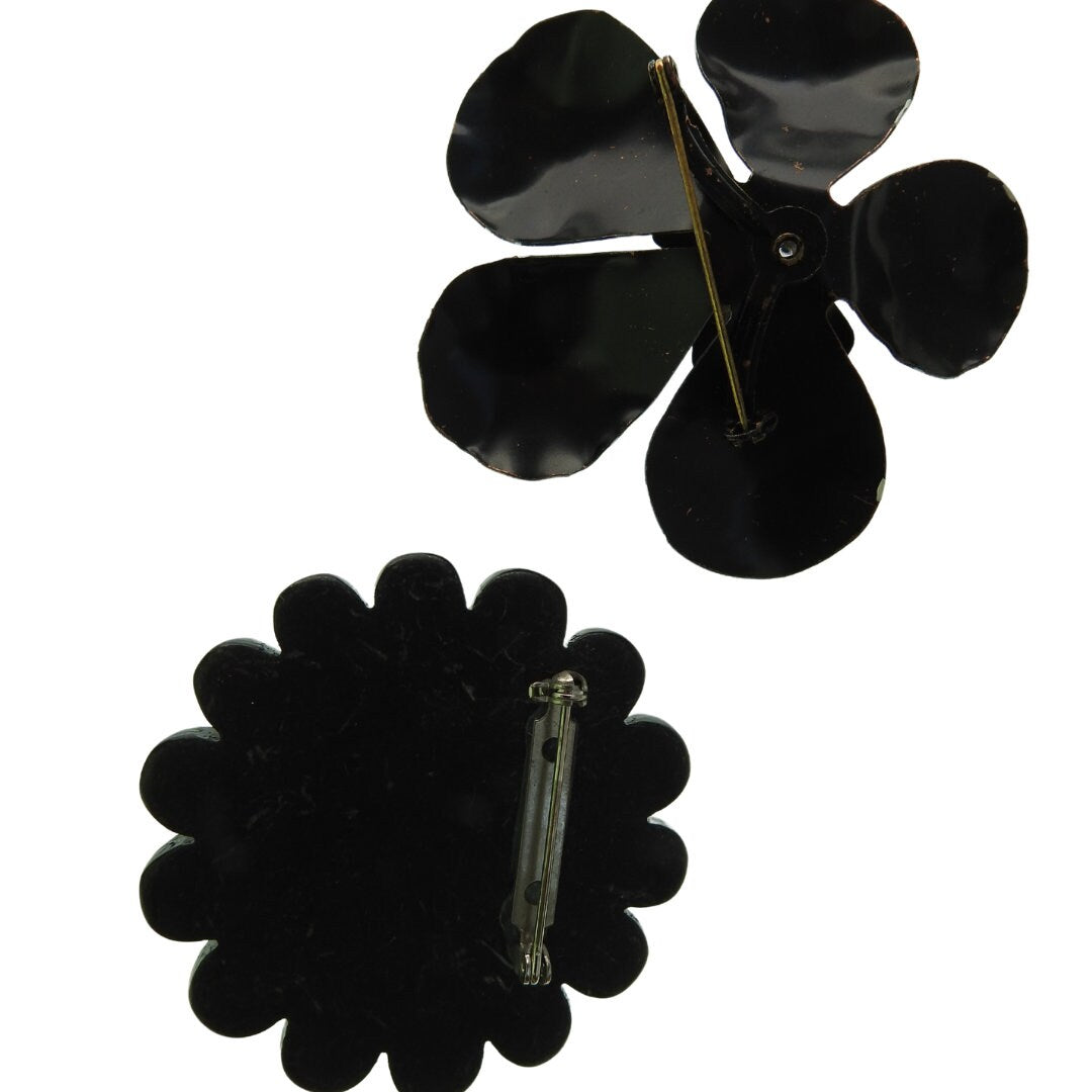 Black vintage enamel flower brooches