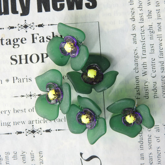 Unique Handmade Decorative Flower-Shaped Buttons for Sewing & Jewelry Making - Forest Green, Milky Transparent, Purple Beads. Set of 5, 1 in