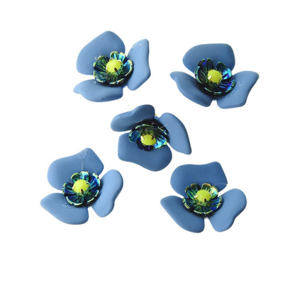 Fancy Decorative Buttons Flower Shaped, Floral Design in Royal Blue and Yellow, Matte and Shimmery Finish, Gold Toned Shank, Set of 5, 25 mm