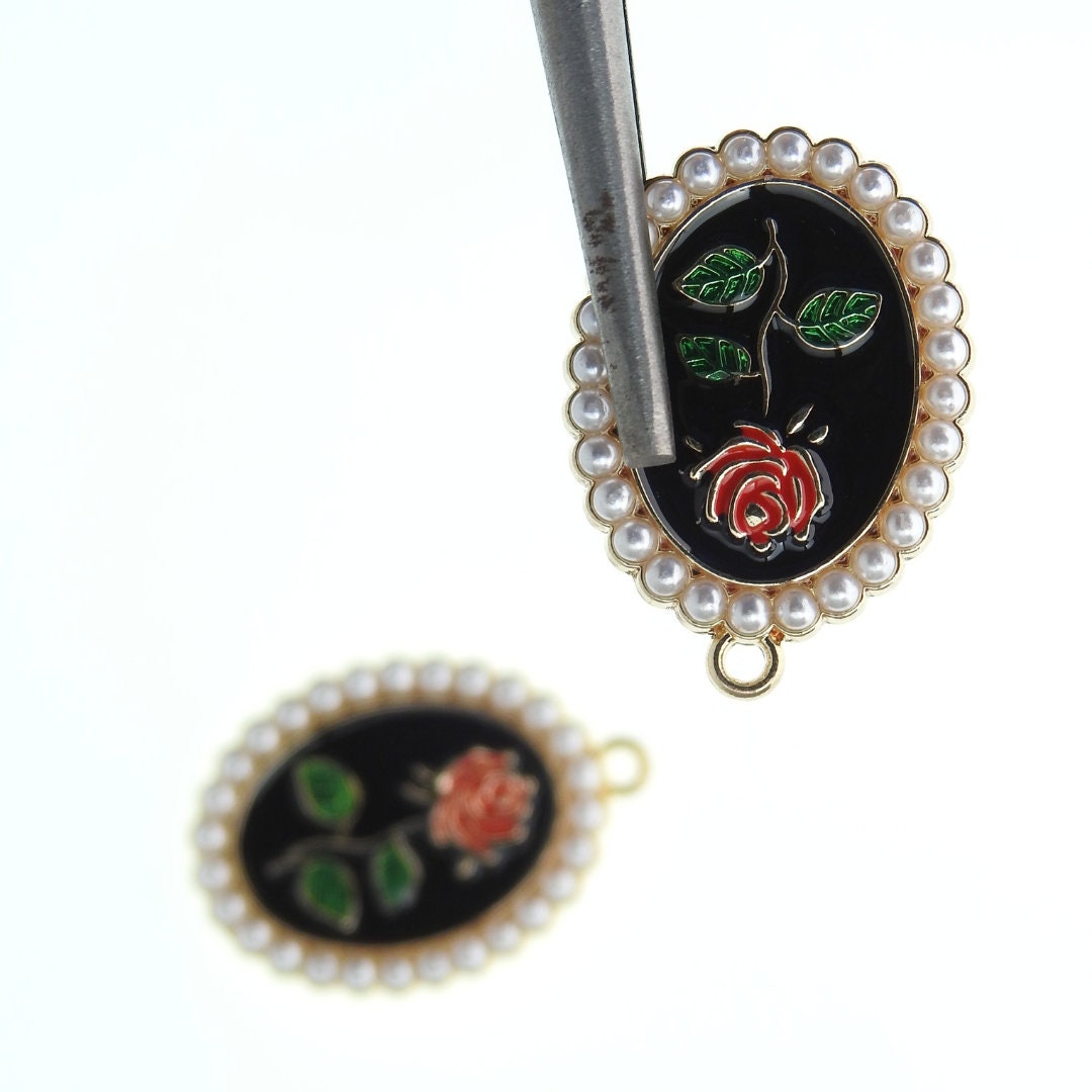 Enameled Metal Charms with Pearls for Jewelry Making: Dangle Earrings, Necklaces, Cute Accessory Craft, Black Red Green White. Set of 2.