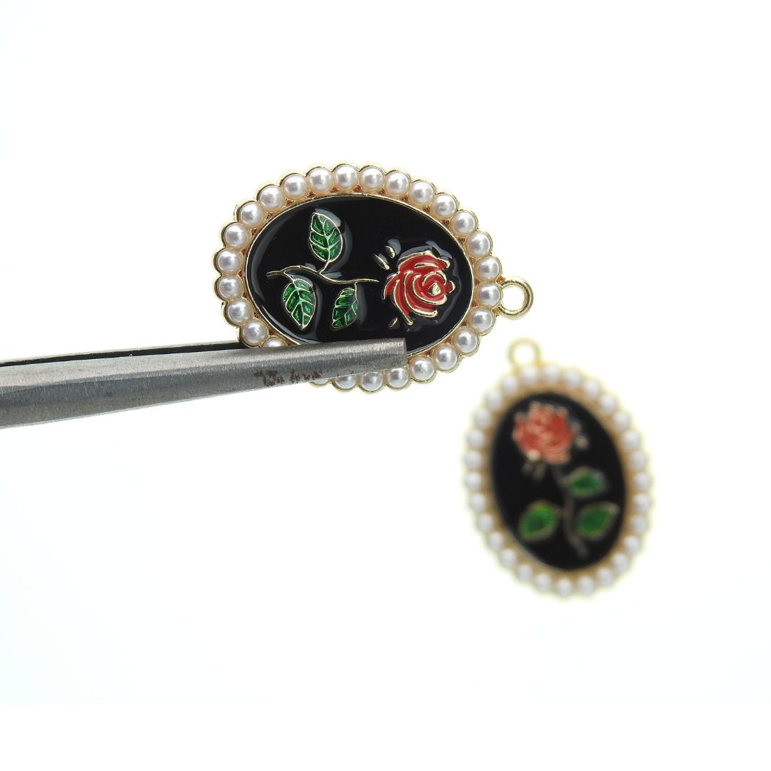 Enameled Metal Charms with Pearls for Jewelry Making: Dangle Earrings, Necklaces, Cute Accessory Craft, Black Red Green White. Set of 2.