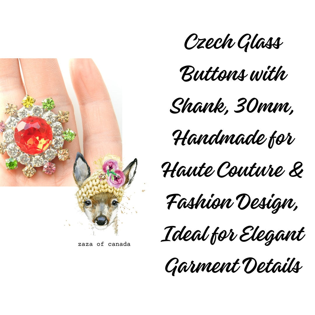 Luxurious Jumbo Czech Glass Buttons with Shank, 30mm, Handmade for Haute Couture & Fashion Design, Ideal for Elegant Garment Details