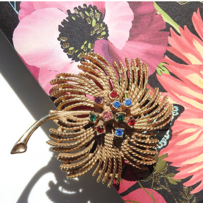 Vintage Sarah Coventry Brooch – Elegant 1960s Floral Pin, Gold Tone, Colorful Rhinestone Accents, Collectible Jewelry - Signed Sarah Cov