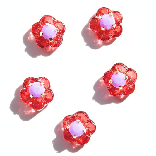 Set of 5 Small Red Buttons, Flower Shaped - Tiny Purple Rhinestone Center and with a Shank - For handcrafting, sewing, tailoring projects