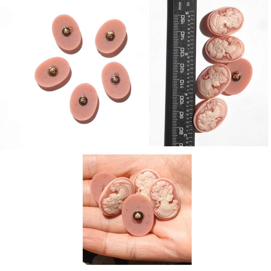 Decorative Pink Oval Buttons, Set of 5 - 30mm, for Cameo Creations, DIY Crafts and Fashion Embellishments. With a shank.