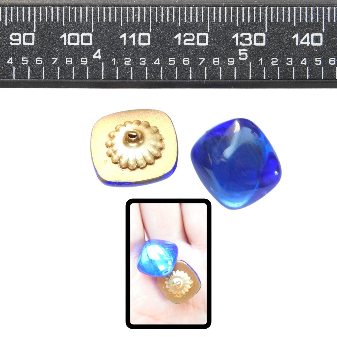 Vintage Blue Glass Buttons 15x15 mm, made from Authentic Cabochon from Germany and Antique Brass shank back. Timeless Accessory for Sewing