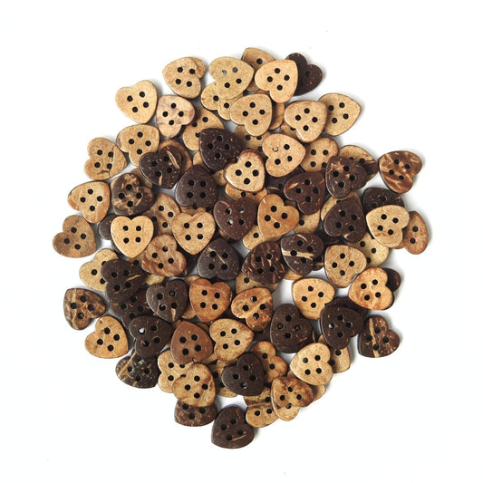 Lot of 100 Heart-Shaped wood Buttons for sewing projects, creative handiwork or boho beach-style jewelry making - Four-Hole 10 mm - Mom gift