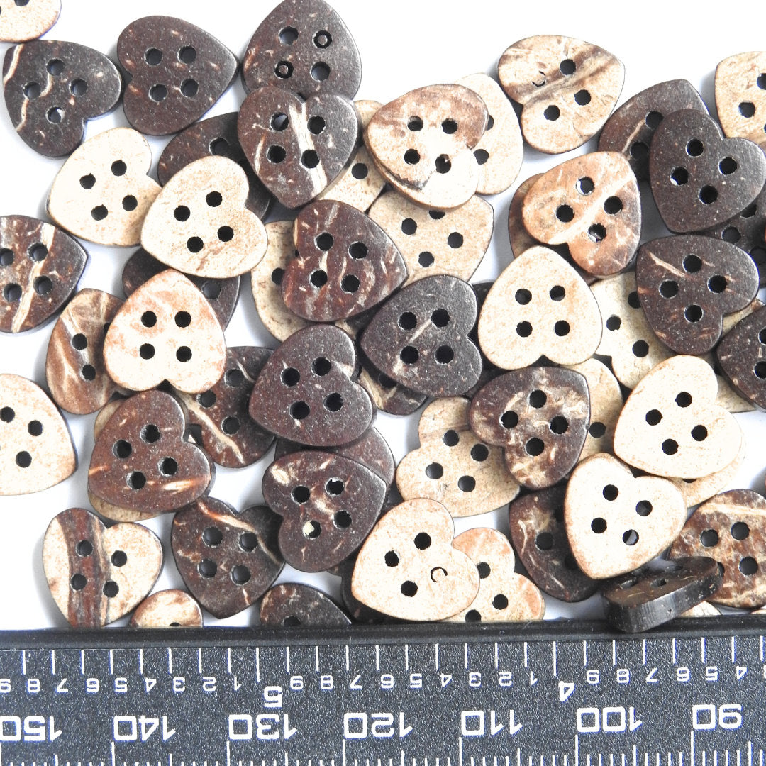 Lot of 100 Heart-Shaped wood Buttons for sewing projects, creative handiwork or boho beach-style jewelry making - Four-Hole 10 mm - Mom gift