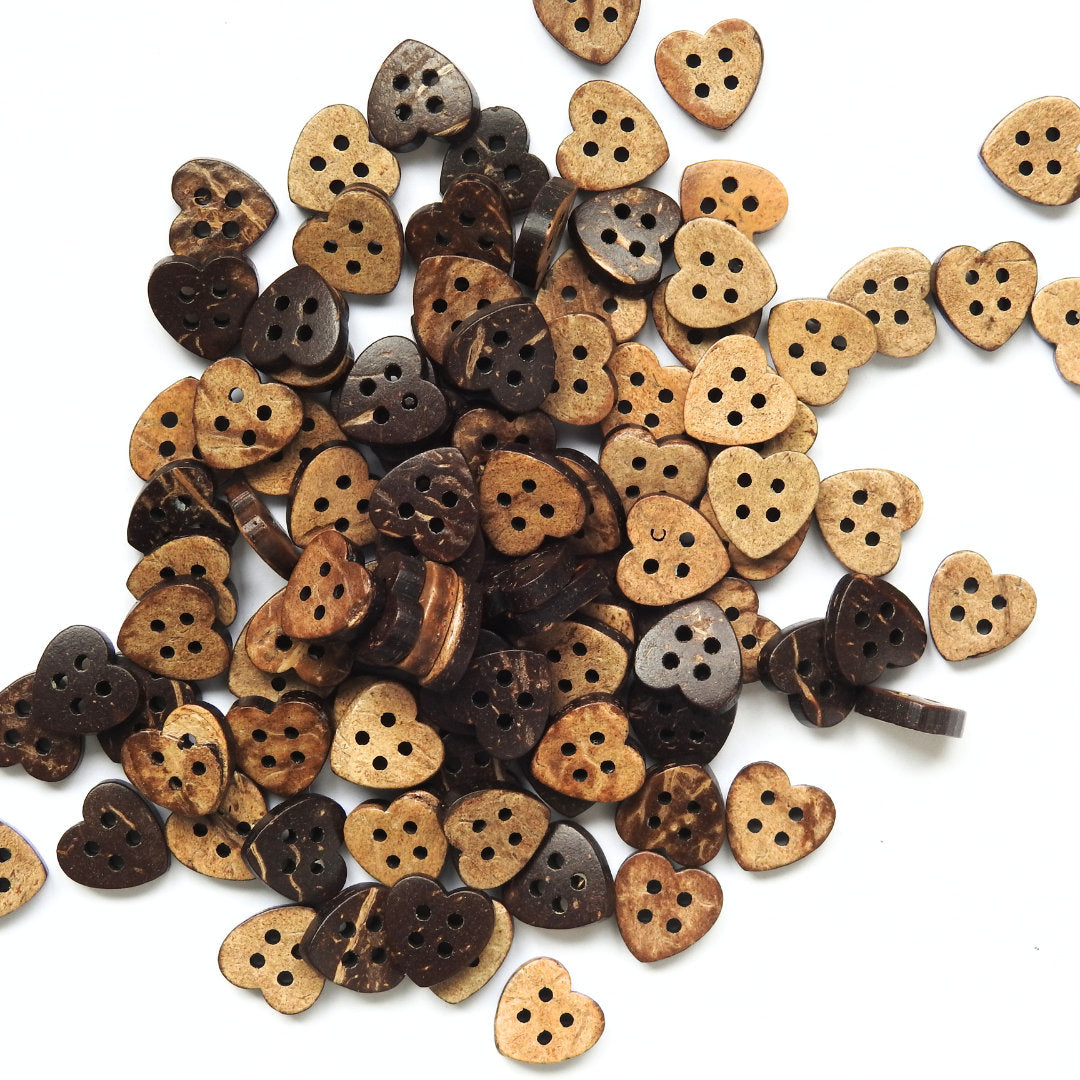 Lot of 100 Heart-Shaped wood Buttons for sewing projects, creative handiwork or boho beach-style jewelry making - Four-Hole 10 mm - Mom gift