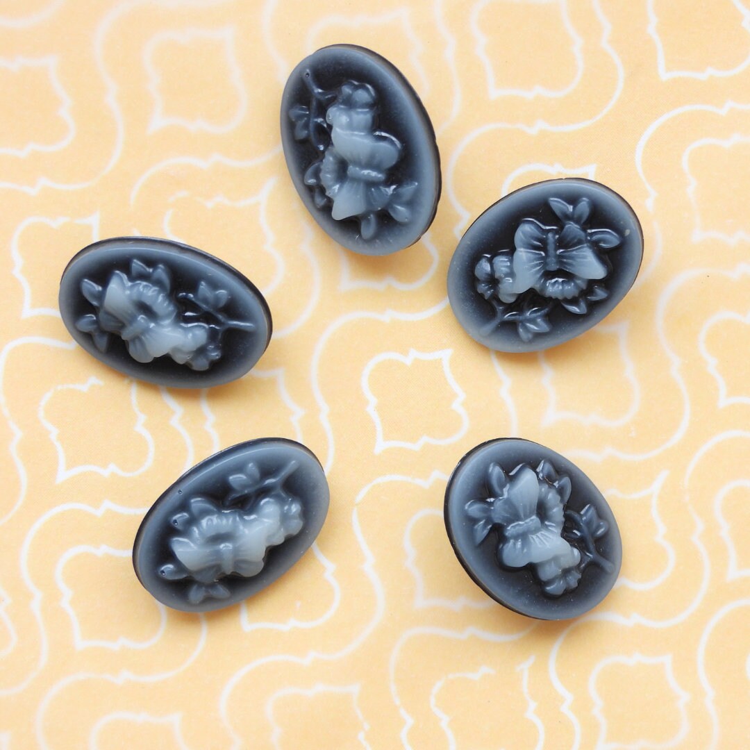 Black Butterfly Cameo Buttons for Sewing, Oval Relief Design - Set of 5, 15 mm, One Hole - Decorative Buttons for Clothing