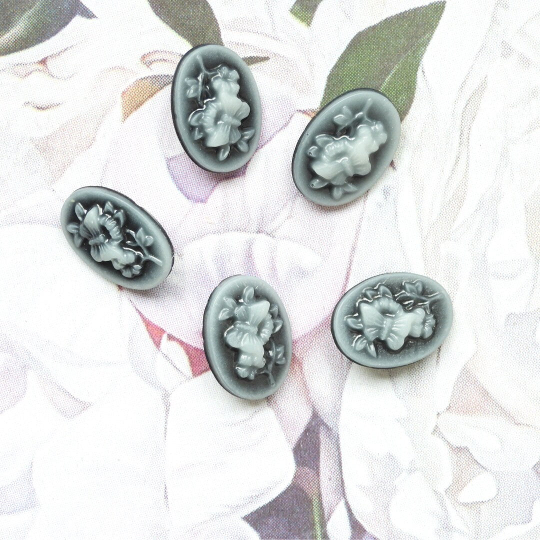 Black Butterfly Cameo Buttons for Sewing, Oval Relief Design - Set of 5, 15 mm, One Hole - Decorative Buttons for Clothing