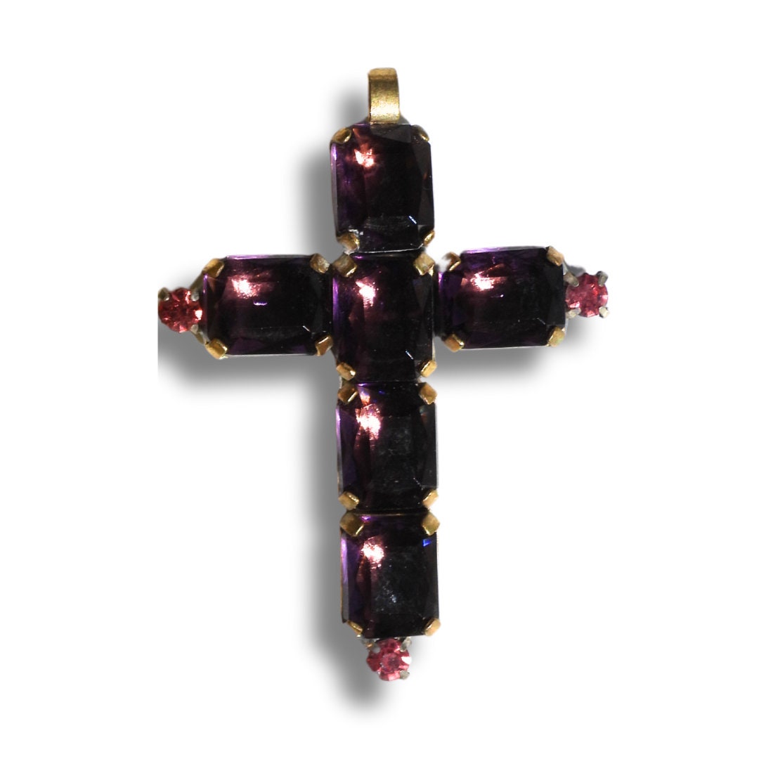 Purple Czech rhinestone jewelry | Antique cross pendant for jewellery making | Religious graduation gift | Catholic saint gifts for grandma