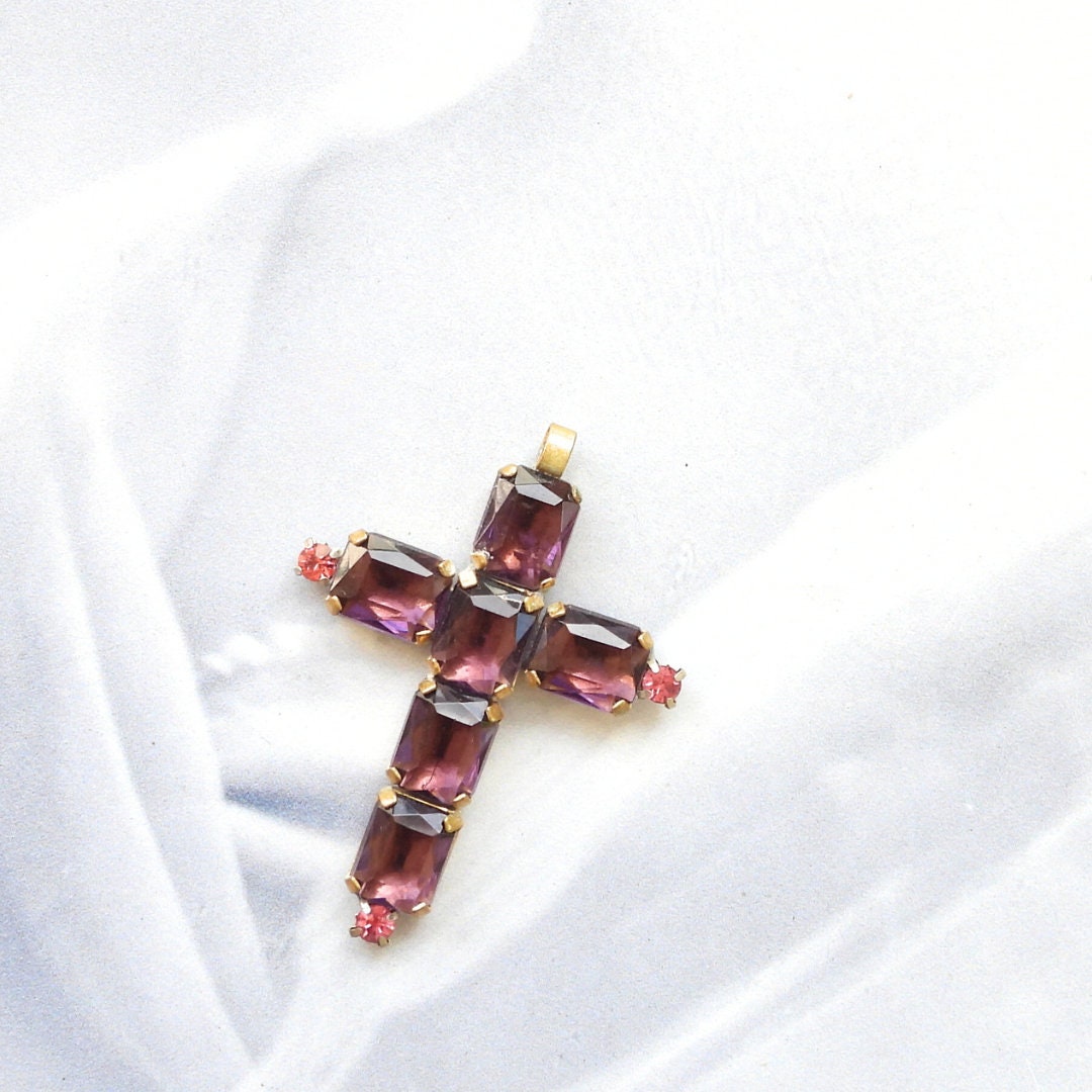 Purple Czech rhinestone jewelry | Antique cross pendant for jewellery making | Religious graduation gift | Catholic saint gifts for grandma