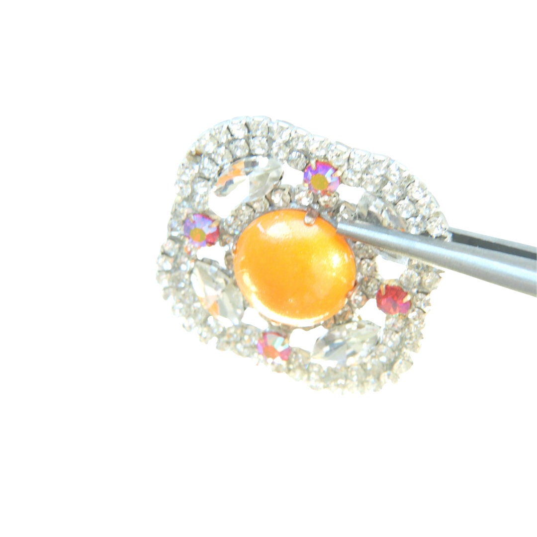 Large orange rhinestone brooch | Vintage Czech Glass Broach for special events | Unique Jewelry for wedding guest | 40 mm | Fast Shipping