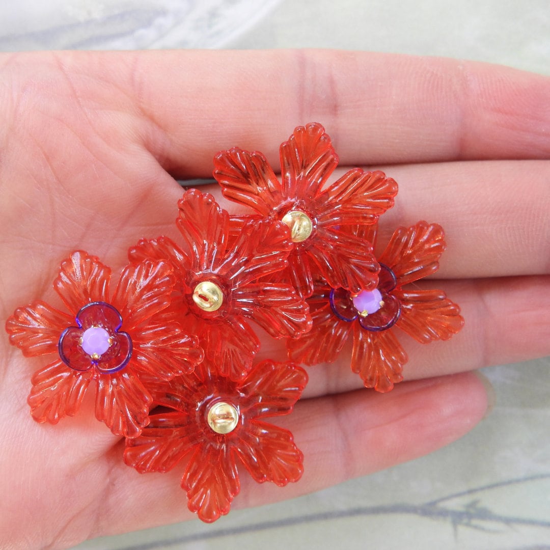 Set of 5 Decorative Red Floral Buttons with Purple Center