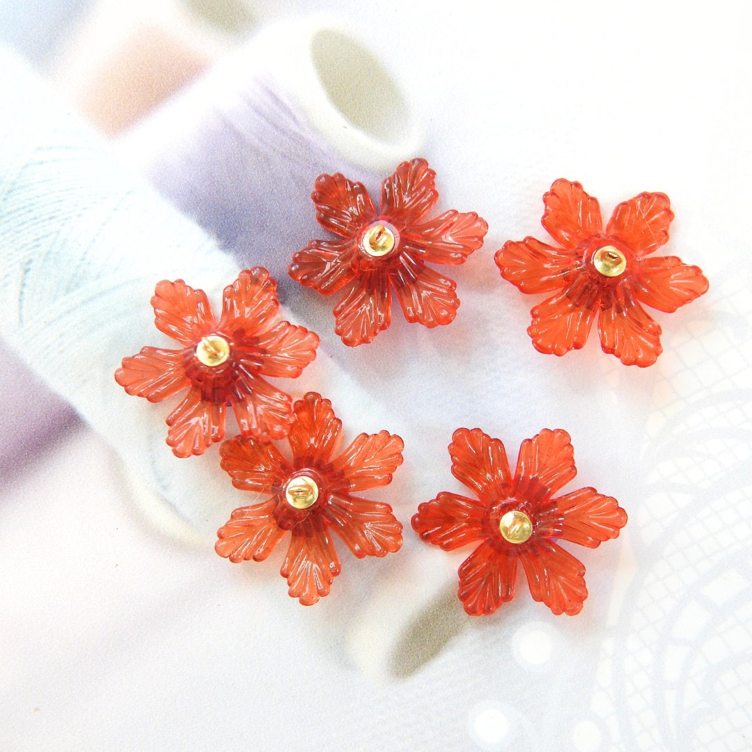 Set of 5 Decorative Red Floral Buttons with Purple Center