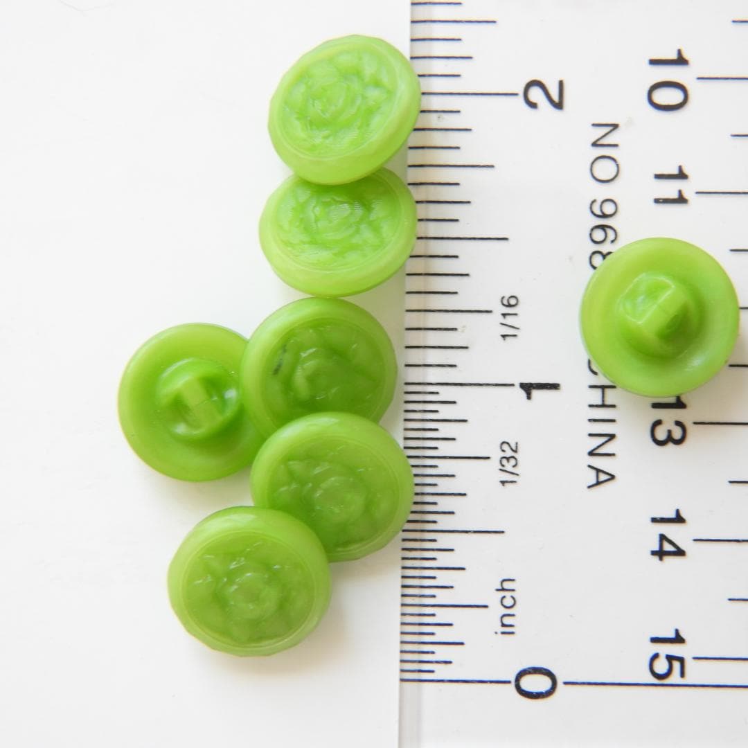 Vintage green glass buttons for sewing and crafting. Set of 5